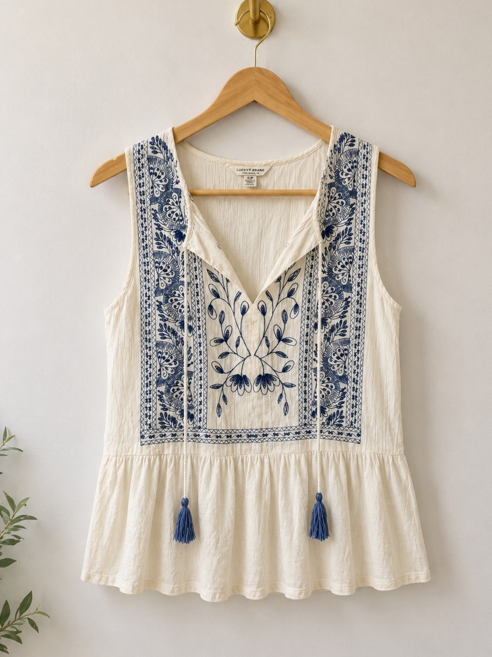 Lucky Brand Floral Embroidered Tassel Boho Blouse Small